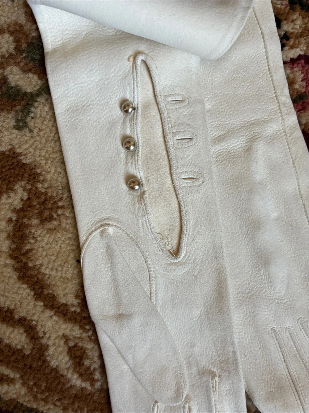 Vintage White Kid Leather Long Gloves with Button Detail